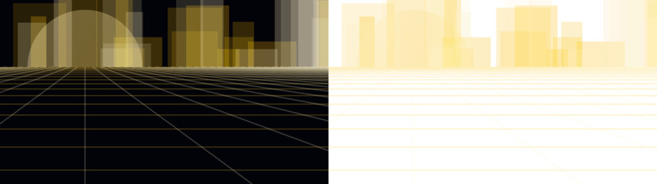 Retro futuristic synthwave city skyline, digital wireframe grid landscape, golden neon urban horizon in 80s vaporwave style isolated PNG with Transparent Background