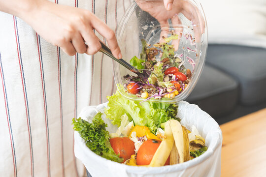 Compost from leftover food housekeeper hand use fork scraping salad vegetable in plastic food container throwing away organic waste into garbage, trash or bin. Environmentally responsible concept.
