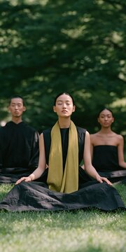 Group outdoor meditation with three people in a serene green park for mindfulness and wellness background and relaxation design