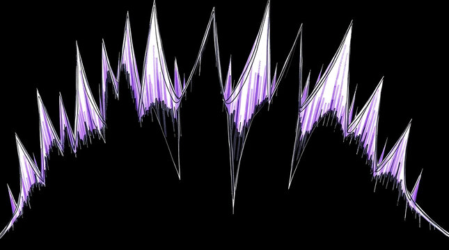 Abstract jagged peaks with purple and white stripes against a black background
