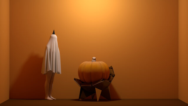 Minimal 3D Halloween Ghost and Pumpkin on Geometric Chair Orange Studio Backdrop 3D Render