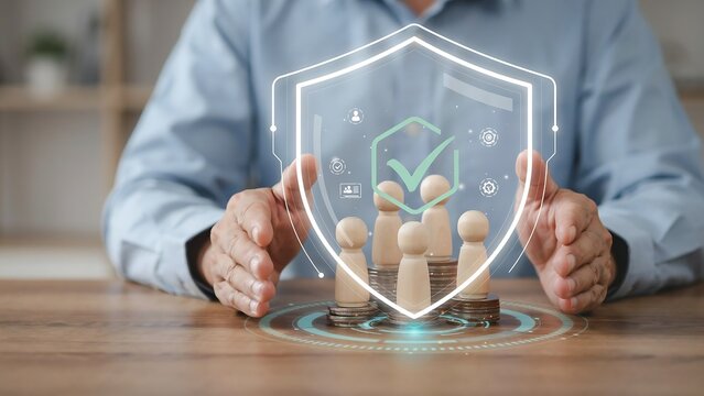 Business man protecting wooden figures with virtual shield, concept of risk management and safety