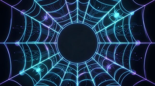 Glowing digital spider web featuring intricate circuit board patterns and neon blue purple cybernetic arachnids surrounding a central empty circular space on a dark background