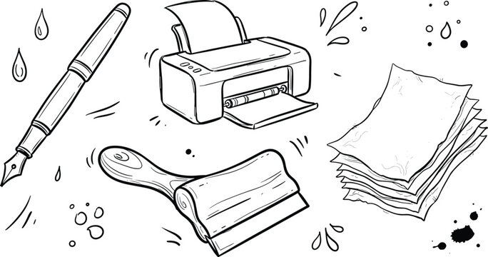 vintage printmaking tools and printer ink sketch vector line art illustration