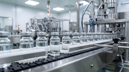 Fototapeta premium Glass vials moving along an automated production line in a cleanroom manufacturing facility.