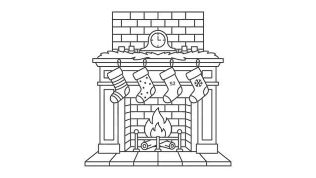 Christmas Fireplace Scene: A festive Christmas fireplace adorned with stockings, a clock, and decorative elements, featuring a warm, glowing fire and a brick mantle.