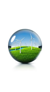 Sustainable energy concept featuring a glass orb with tiny wind power plants on verdant meadows against a clear background for ecology, wind turbine, climate, landscape