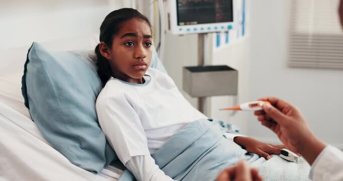 Hand, doctor and kid at hospital with thermometer, fever symptoms and high temperature of illness. Pediatrician, checkup and overheating child in bed with influenza, assessment and weak immune system
