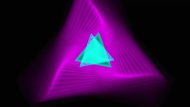 Trippy neon triangle tunnel creating hypnotic motion background animation featuring glowing magenta and electric cyan lines expanding infinitely within a dark digital space for artistic projects