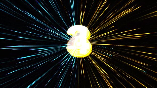Countdown from ten to one with glowing yellow numbers over blue and gold hyperspace light trails on black background for digital timer and intro video footage.
