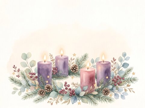 Advent wreath with four lit candles watercolor illustration