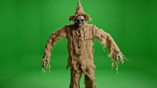 Creepy scarecrow character walking towards camera isolated on green screen for halloween horror projects