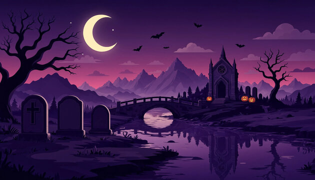 Spooky pixel art cemetery with river and moon at night for Halloween background design.
