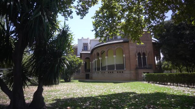 View of Antiguo Pabellon Mudejar in Parque de Maria Luisa on a sunny day, Sevilla, Andalusia, Spain