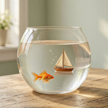 Goldfish Bowl With a Tiny Sailboat Floating Inside in a Surreal Whimsical Still Life