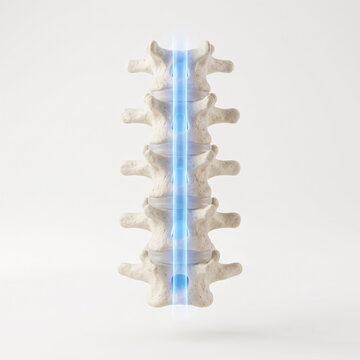 Lumbar spine vertebrae with glowing blue neural pathway visualization