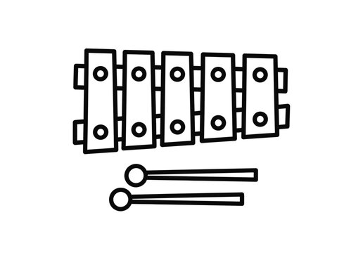 Wooden xylophone toy line drawing with mallets for children educational music learning and percussion instrument coloring page vector graphic illustration.