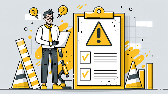 A businessman stands next to an alert sign and a clipboard with a checklist. The image incorporates elements of caution, organization, and professionalism in a modern style.