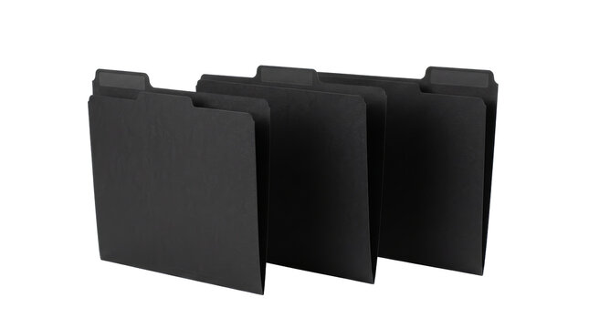 Three dark black file folders with tabs isolated on png background for management