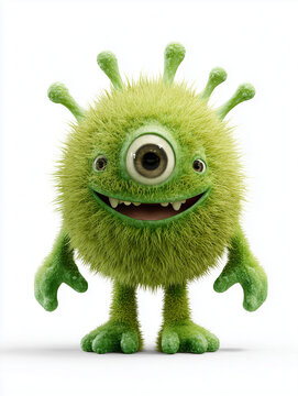 Cute fuzzy green one-eyed monster character smiling with teeth