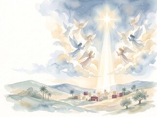 Naklejka premium Angels proclaiming Christ birth over Bethlehem village