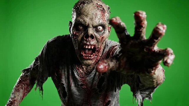 Scary zombie reaching out with green screen background, for horror visual, effects and halloween projects