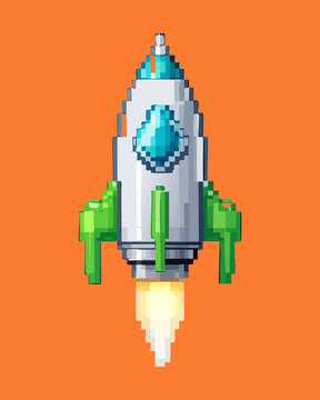 Retro pixel space rocket blasting off with fiery engine trail designed for space exploration games and futuristic arcade user interface elements
