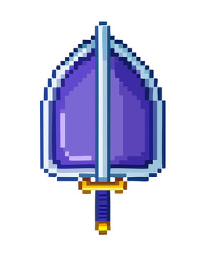 Pixel steel broadsword weapon featuring sharp purple edges and golden guard designed for role playing video game inventory and shop interfaces
