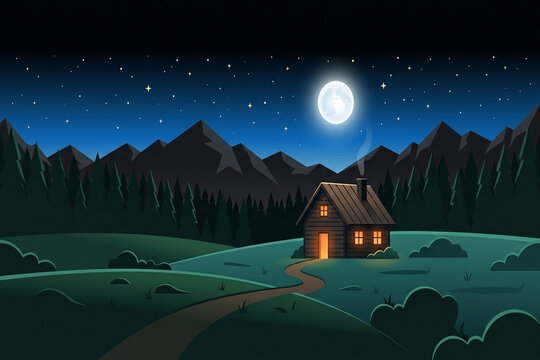 wooden cabin under moon night in the mountains