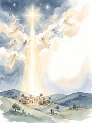 Naklejka premium Angels announcing Christ birth over Bethlehem with guiding star