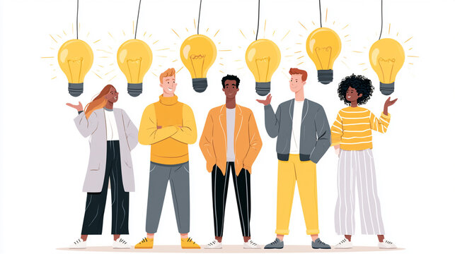A diverse group of individuals stand together, each holding a light bulb. They symbolize creativity, innovation, and collaboration in a modern workspace environment.