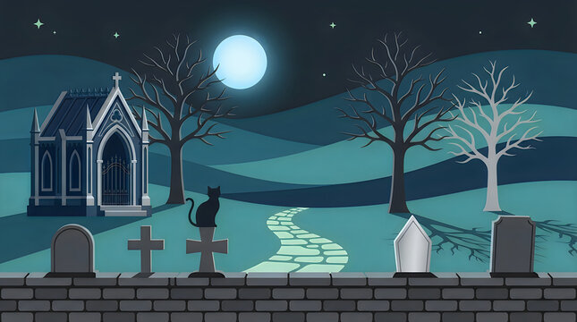 Spooky Halloween cemetery landscape, haunted graveyard with tombstones and full moon, eerie night scene with black cat and crypt halloween