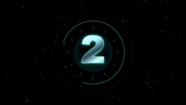 Futuristic countdown timer featuring metallic blue numbers from seven to zero with glowing neon circular hud elements floating in dark space with digital particles.