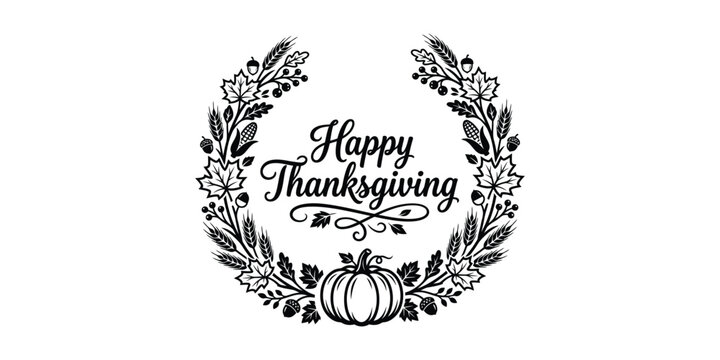 Happy Thanksgiving Autumn Wreath Typography Design Vector Illustration With Pumpkin And Wheat