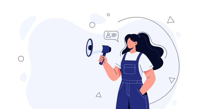 Woman with Megaphone Announcing News and Information in a Modern Flat Design