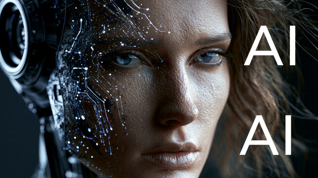 A futuristic representation of artificial intelligence, featuring a humanoid face with cybernetic enhancements and intricate details, symbolizing the intersection of humanity and t