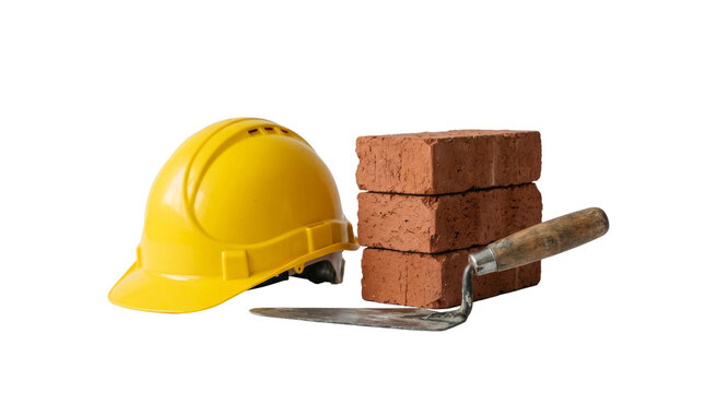 Yellow construction helmet beside stacked clay bricks and trowel on png background