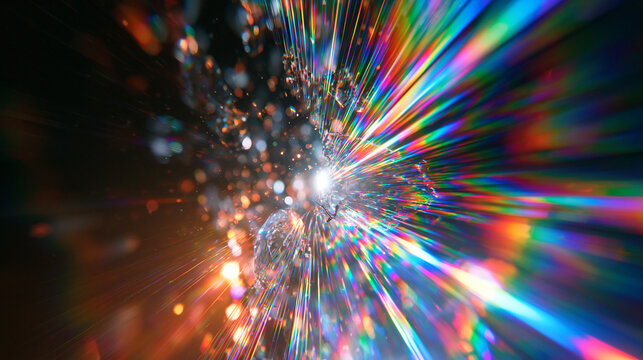 Spectacular rainbow light rays refracting through shimmering abstract glass crystals
