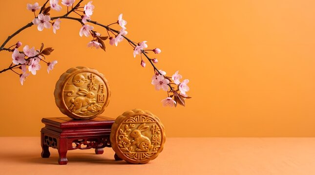 Celebrating the mid autumn festival with traditional mooncakes and blooming plum blossoms symbolizing family reunion and harvest gratitude in a