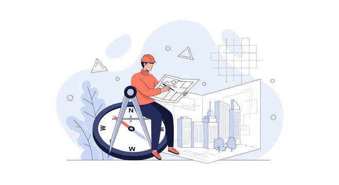 Architectural Concept: Engineer with Blueprint and Compass Over Cityscape Illustration