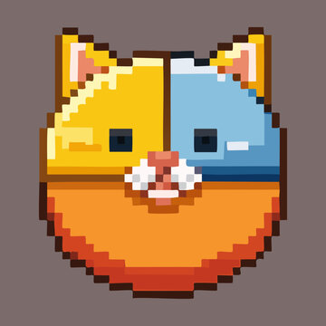 Circular blue and yellow pixel cat head icon crafted for retro arcade achievements player avatars and user interface menu badges