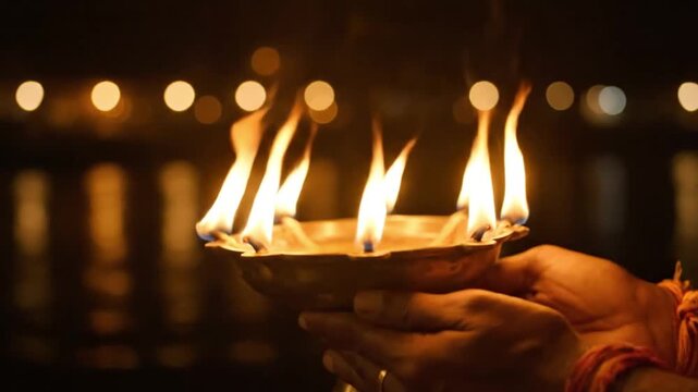 Close Up of Hands Holding Brass Oil Lamp Diya with Multiple Burning Flames during Sacred Evening Ritual