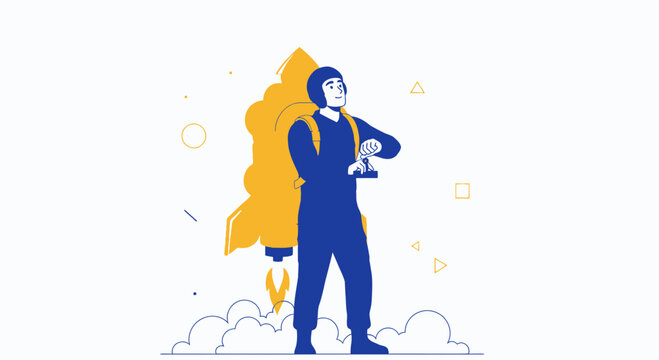 Astronaut Preparing for Liftoff with Rocket Pack, Modern Flat Illustration Style