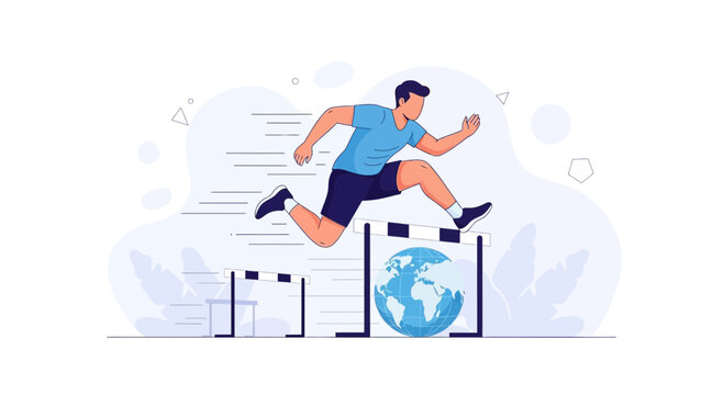 Athlete overcoming global challenges, hurdles race symbolizes overcoming obstacles and achieving success on an international scale.