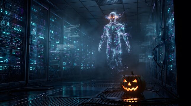 A glowing holographic alien figure stands in a dark futuristic room with a lit jack o lantern pumpkin