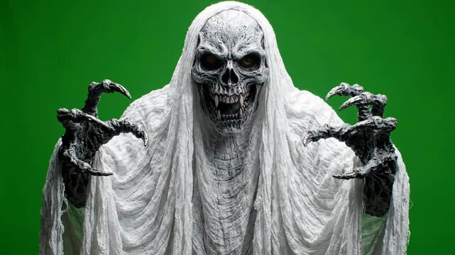 Scary grim reaper ghost character with claws on green screen for halloween horror visual effects and fantasy projects