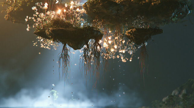 Mystical floating garden with glowing light and roots over mist