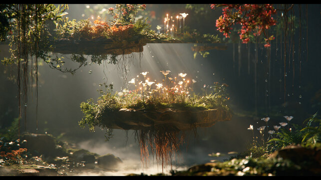 Mystical floating garden with glowing light and roots over mist