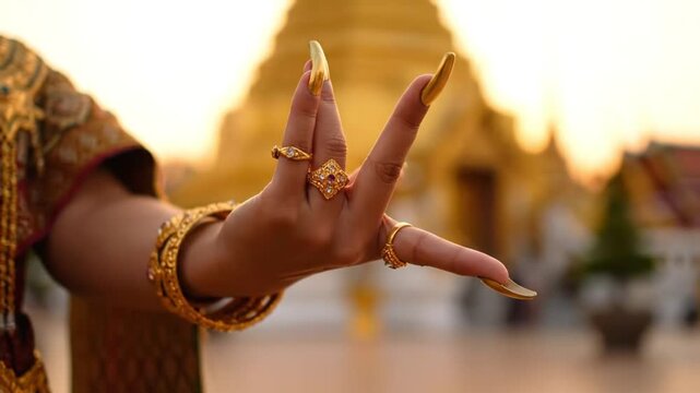 Traditional Thai Classical Dance Hand Gesture Golden Temple Background Cultural Performance