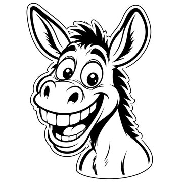 Funny cartoon donkey head with a wide happy smiling expression outline style drawing